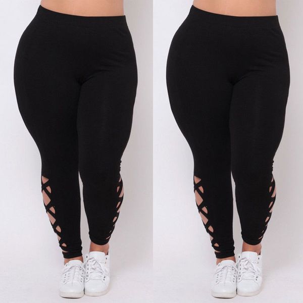 

2019 women plus size elastic leggings gym solid black trouser criss-cross hollow out sport pants l-3xl fitness legging