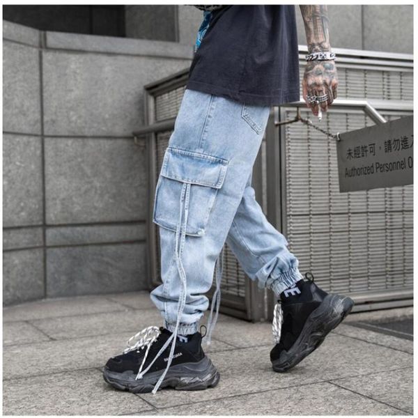 

high street fashion men's jeans street jeans men's multi-pocket overalls loose beam harem pants men, Black