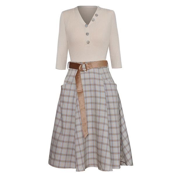 

new women white v-neck and plaid skirt set with belt, Gray