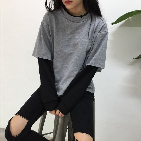 

autumn winter sweatshirt women 2 pieces hoodies o-neck patchwork hoody long sleeve pullover sweatshirts loose, Black