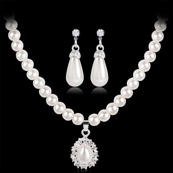 

new water drop faux pearl beaded rhinestone bridal necklace & earrings jewelry set for women birthday gift party, Silver