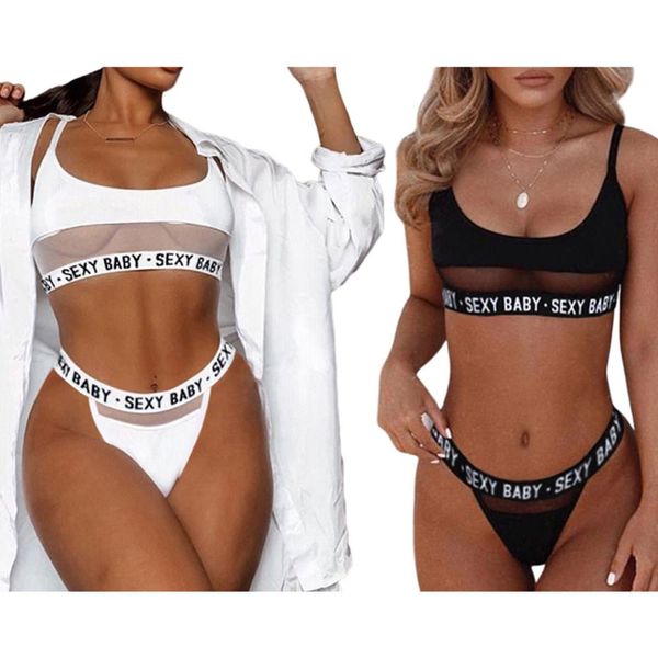 

women sheer mesh patchwork underwear lingerie set letters print solid color bralette low rise high cut thong sport swimsuit