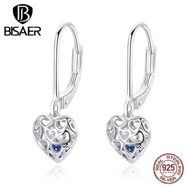 

wedding jewelry bisaer 925 sterling silver love heart shape drop earrings for women blue zircon wedding jewelry ece746