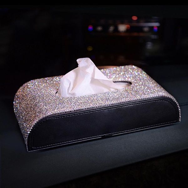 

cover crystal rhinestone block paper storage box luxury leather car tissue box car accessories for women girls