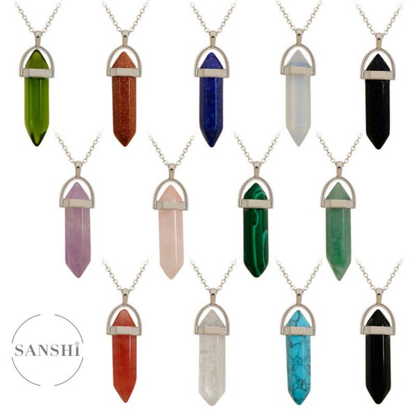 

hexagonal column quartz necklace pendant vintage natural stone bullet crystal necklace women's jewelry with chain, Silver