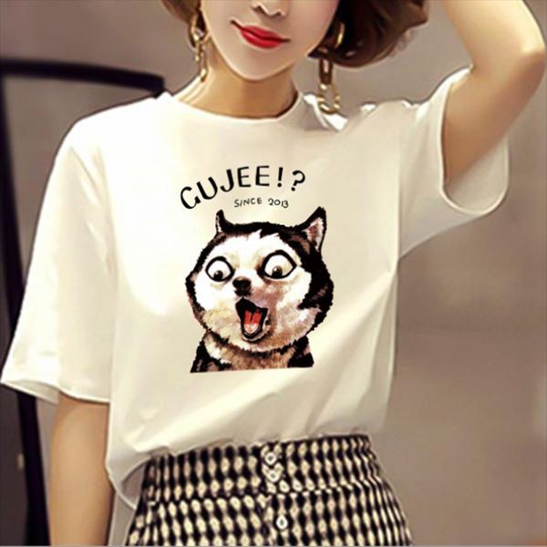 

2019 women's short-sleeved new summer loose new girls white t-shirt half-sleeved shirt casual short regular print o-neck regular