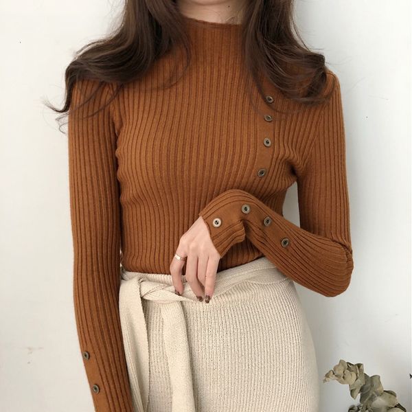 

водолазку женщины осень зима женщины свитер кнопка дизайн с длинным рукавом пуловер перемычка женщины свитер вязаный top прицепные femme, White;black