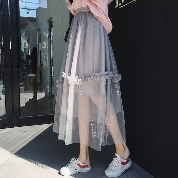 

skirts women's pure cotton high waist mesh skirt tulle transparent eyes long short skirtpleated, Black