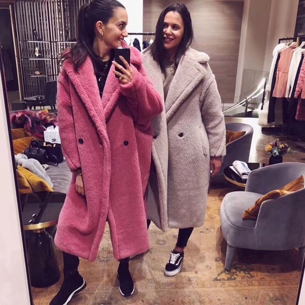 

women's wool coats long 100% alpaca wool plus size overcoat 2019 fashion winter loose cashmere outerwear thick and warm, Black
