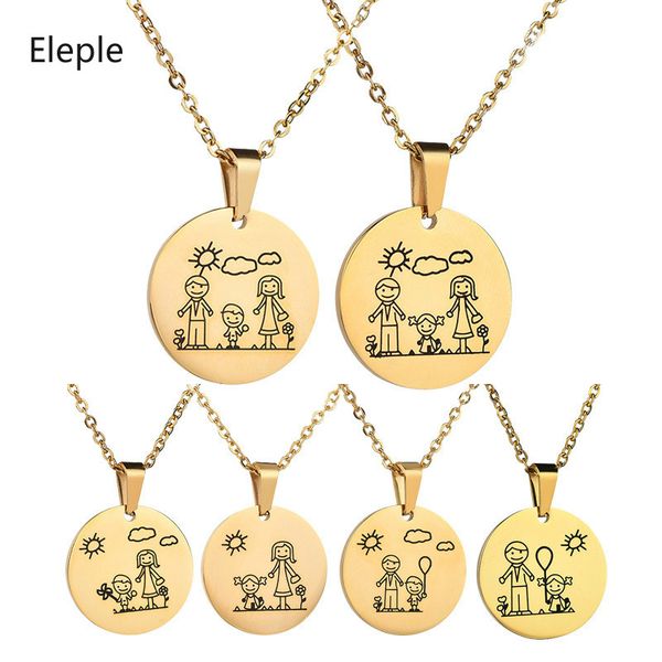 

eleple lovely stainless steel family necklaces for mom dad son daughter cartoon clavicle chain gift jewelry wholesale n770-775, Silver