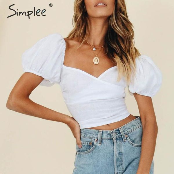 

simplee cotton linen white women crop elegant puff sleeve v-neck female cami back criss cross lace up ladies tank