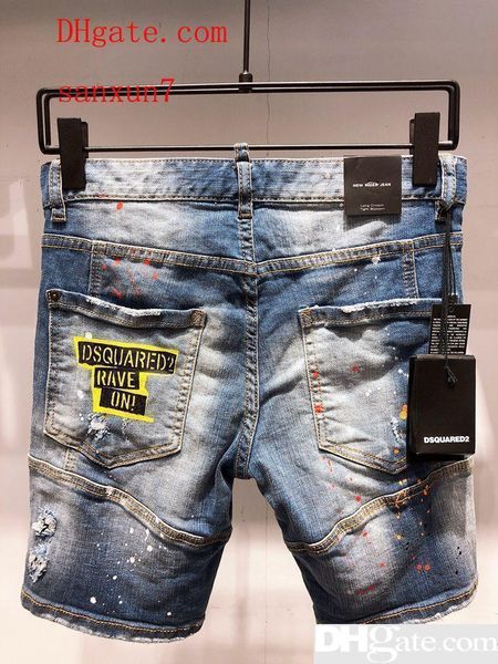 

italian fashion design d2 men rip torn riding denim shorts slim monogrammed black motorcycle jeans pants style personality old jeans, Blue