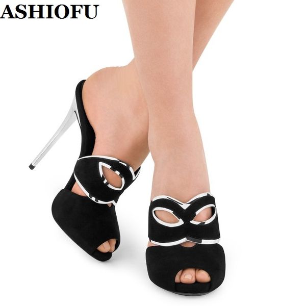 

ashiofu handmade new women's high heels sandals faux-suede mask-face slipper-shoes peep-toe evening fashion sandals shoes, Black