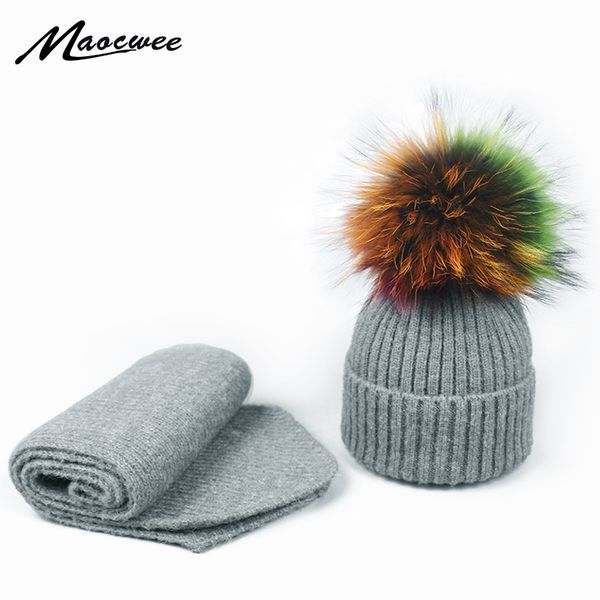 

new winter scarf beanie hat set with colorful fur pompon for children outdoor warm thick cute fashion beanie hat scarf set, Blue;gray