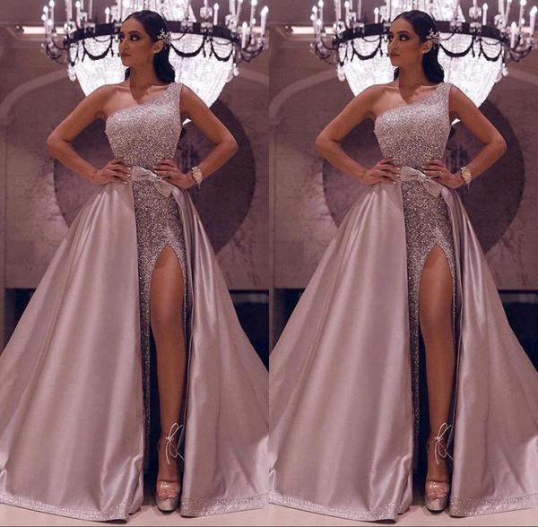 

sparkly rose gold sequined one shoulder prom dresses luxury high side split evening gown with detachable train long formal party gown bc2792, Black