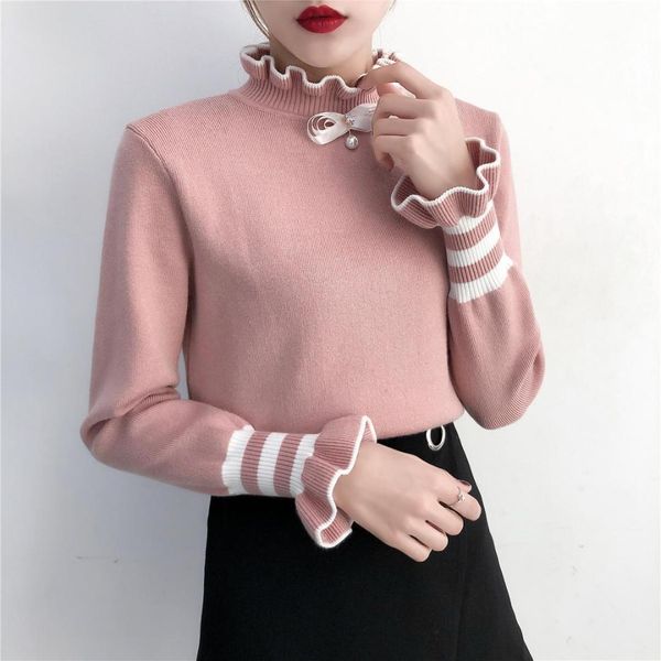 

2019 winter thick warm beautiful embroidery turtleneck sweater women long sleeve knit pullover sweater female pull femme bow, White;black