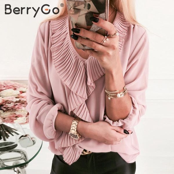 

berrygo elegant ruffle blouse shirt women v-neck office lady pink stylish autumn shirt streetwear solid puff sleeve blouse, White