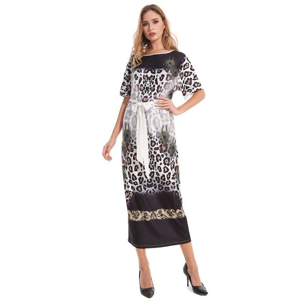 

wholesale streetwear summer leopard straight mid-calf dress fashion women o neck short sleeve sashes vestidos ply9278g, Black;gray