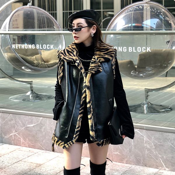 

winter coat women zebra pattern splice pu leather sleeveless faux fur vest jacket female streetwear punk moto biker outerwear, Black;white