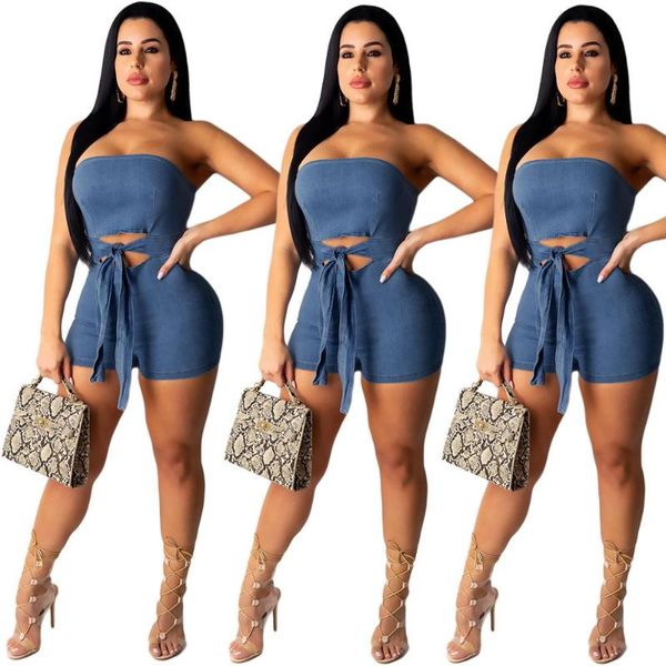 

summer blue denim playsuits strapless neck sleeveless hollow out bow zipper back skinny shorts jumpsuits 2020, Black;white