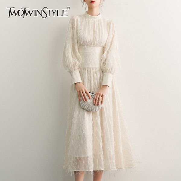 

twotwinstyle white elegant tassel dress for women o neck lantern long sleeve high waist dresses female fashion autumn 2019 new, Black;gray
