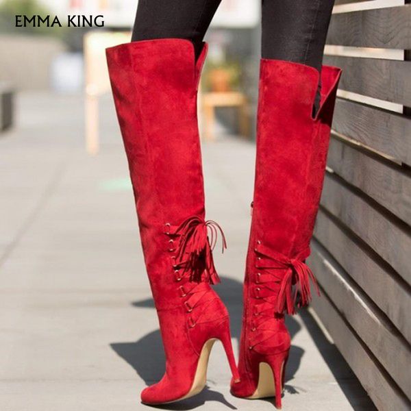 

new women's heels red stiletto boots knee-high boots trendy fashion botas mujer 2019 party shoes woman heels ladies plus size, Black