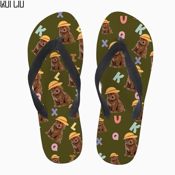

customized summer women shoes casual flip flops lovely animal dog poodle pattern women's home slippers flats slip-on flip flop, Black