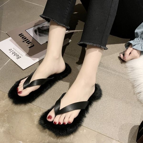 

fashion women's slippers 2019 autumn wild flat-bottom indoor and outdoor wear plush flip-flops casual shoes zapatos de mujer, Black