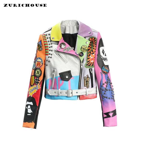 

zurichouse cropped leather jackets women colorful graffiti studded coat 2019 punk faux leather motorcycle biker jacket ladies, Black