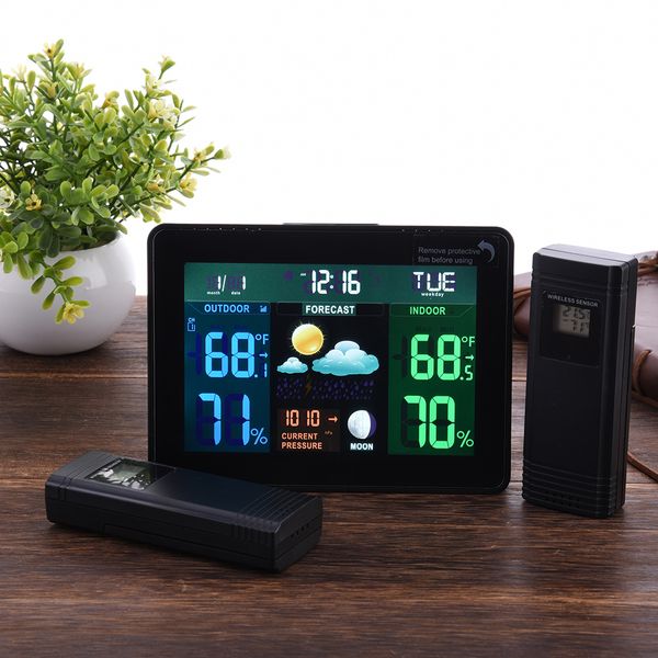 

multi-function wireless weather clock indoor outdoor temperature and humidity meter barometer calendar moon phase led display