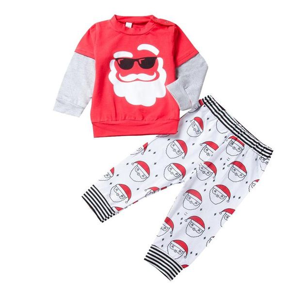 

sweet toddler boy girl christmas outfits cartoon long-sleeve cartoon santa shirt +long striped pants 2pcs xmas clothes, White
