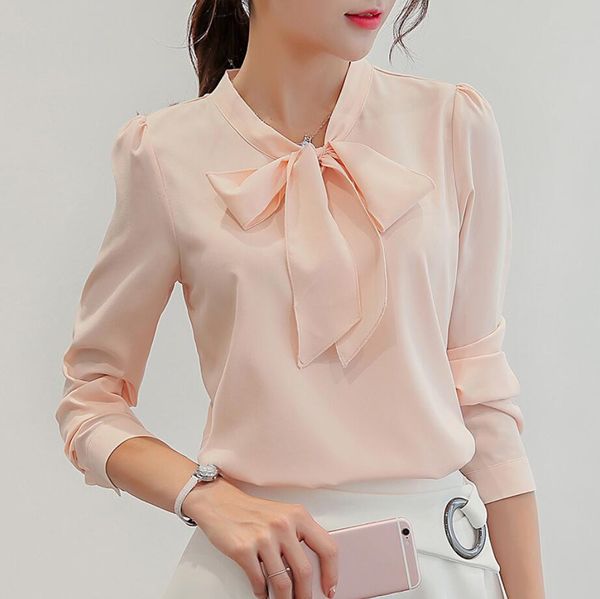 

2019 new women spring summer long short sleeve bow shirts casual chiffon office shirt temperament ladies blouses plus size xxl, White