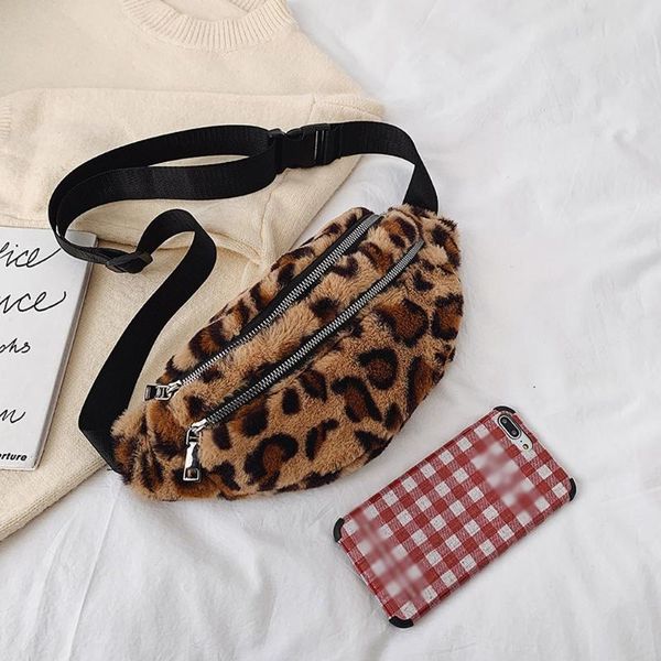 

leopard print chest bag for women girls fleece messenger bag female soft plush pack handbag money phone pouch