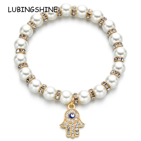 

women pearl evil eye fatima hand elastic bracelet charms crystal heart tree of life beaded bracelets jewelry gift, Golden;silver