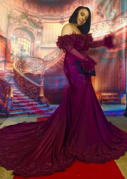 

luxury feather lace formal evening dresses off the shoulder long sleeve party dress prom gowns graduation dress lace applique beaded sequins, Black
