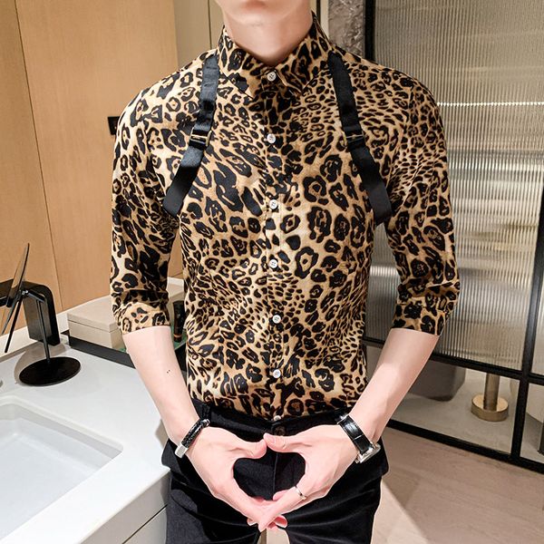 

leopard print men shirt half sleeve night club party tuxedo shirts casual slim fit streetwear social blusa camisas para hombre, White;black