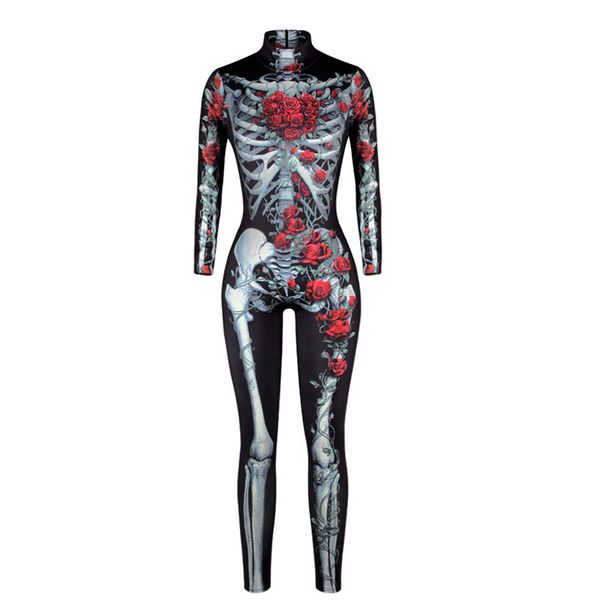 

women halloween costume fashion scary rose skeleton jumpsuit ladies fancy 3d print horror catsuit outfit for girls s-xl, Black;red