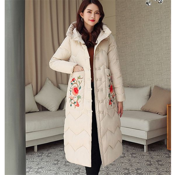 

long retro cotton coat women 2019 winter new embroidered female parka casual loose hooded disc buckle cotton jacket tide w174, Tan;black