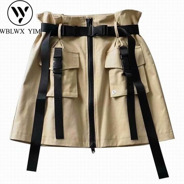 

women high waist skirt zipper big pocket fashion mini a-line skirt female summer casual loose tooling short skirts with belt, Black