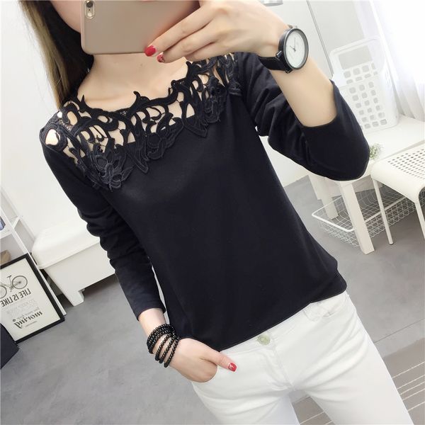 

ladies in cardigan simple hollow net t-shirts, long-sleeved lace t-shirts, White