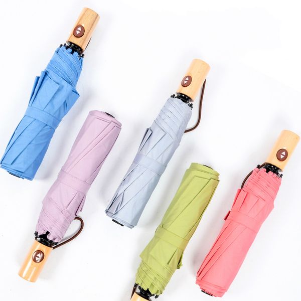 

solid 3 folding automatic umbrella sun and rain gear women men umbrellas wooden handle automatic umbrella men rg062