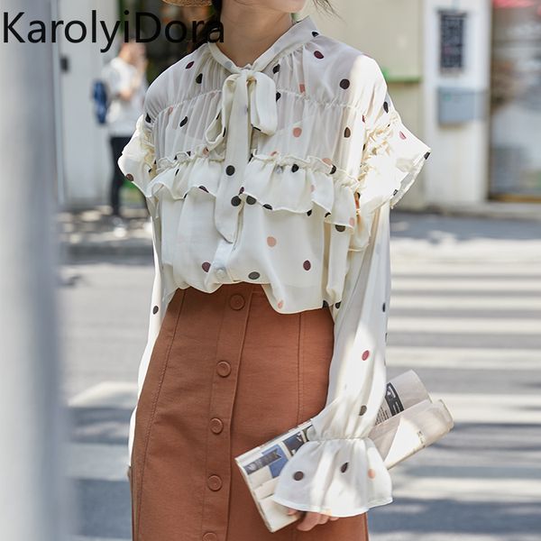 

vintage flare sleeve bow polka dot women blouse shirts elegant front buttons slim waist ruffles female blouse blusas 2020, White