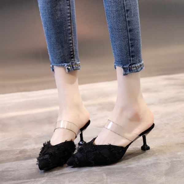 

high-heeled women's shoes stilettos net red wild sandals and slippers 2019 summer new fashion baotou half slippers, Black