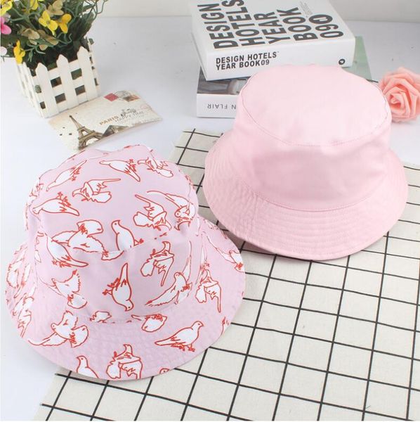 

2018 two side reversible cartoon dove bucket hat cat tiger fashion bob caps gorros men summer panama cap fishing bucket hat pink