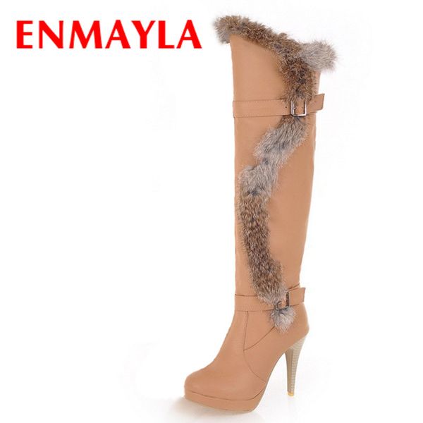 

enmayla new fashion over knee high boots women stiletto high heels platform boots shoes round toe fur buckle women long, Black