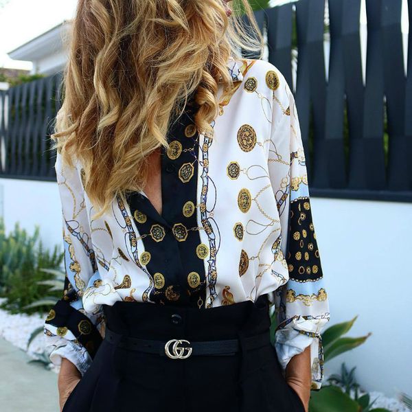 

2019 spring women floral print long sleeve shirt office lady elegant blouse shirt turn-down collar button streetwear, White