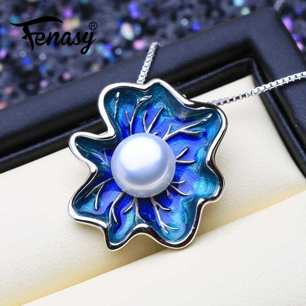 

fenasy pearl jewelry flower pendant genuine natural pearl necklace cloisonne choker pendant women 2019 new enamel, Silver