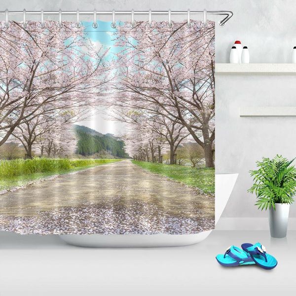 

spring scenery cherry blossom road shower curtain & hooks bathroom accessory set