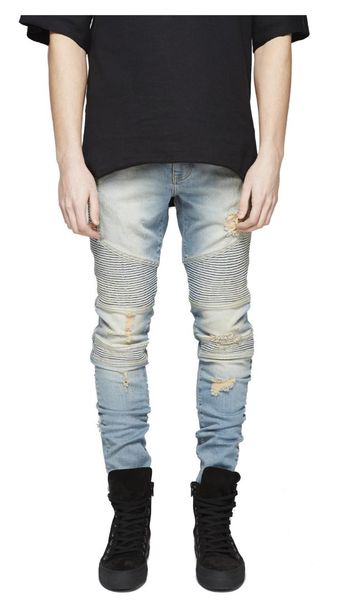 

2019 men stylish ripped biker jeans skinny slim straight frayed three-dimensional cut folds denim pants fashion skinny jeans, Blue