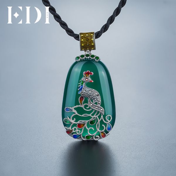 

edi vintage green/black/yellow agate gems necklace pendant for women 925 sterling silver cord peacock figure cloisonne jewelry